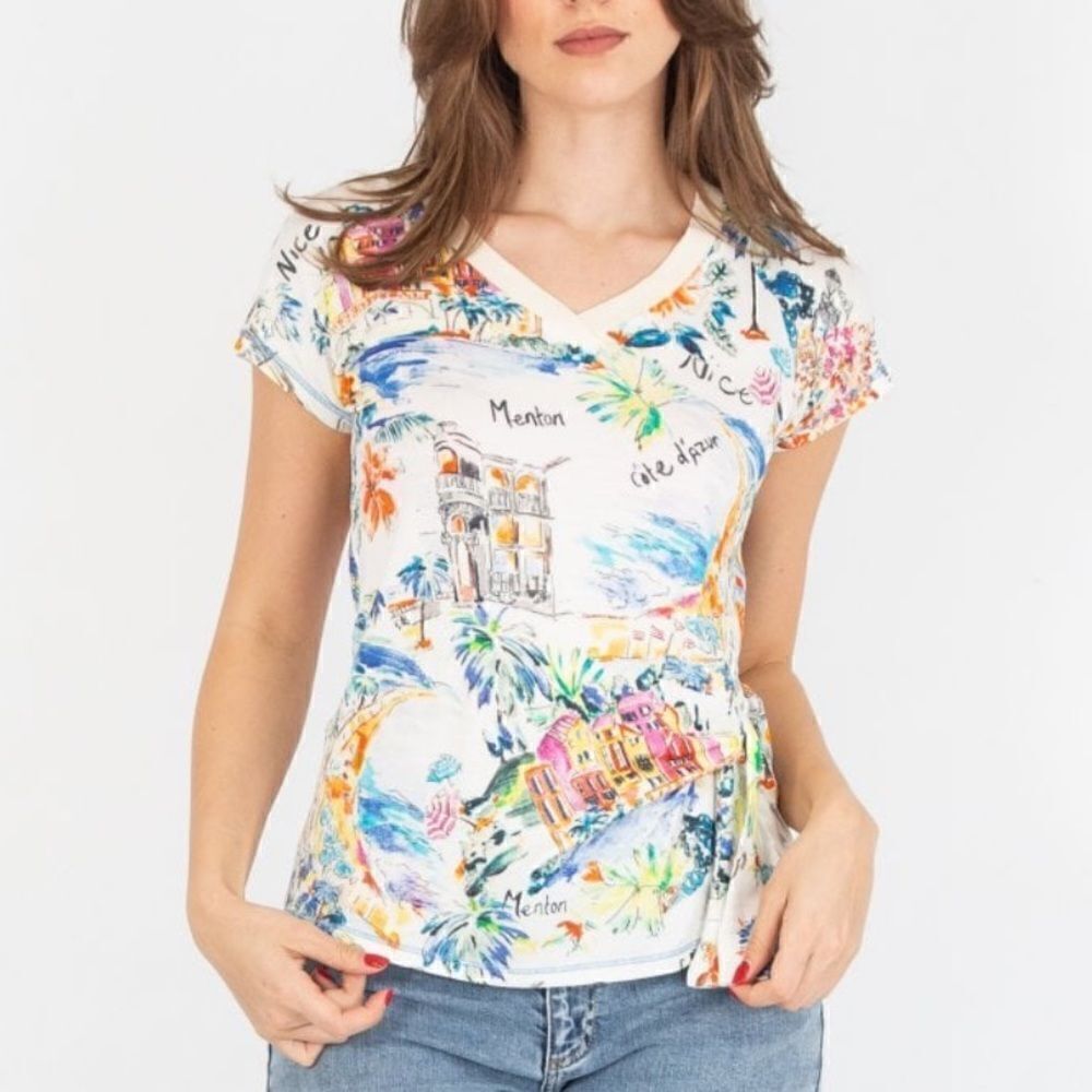 TINTA Lamia Knit V Neck French Sketch Tie Side T- Shirt Off White/Multi Size M